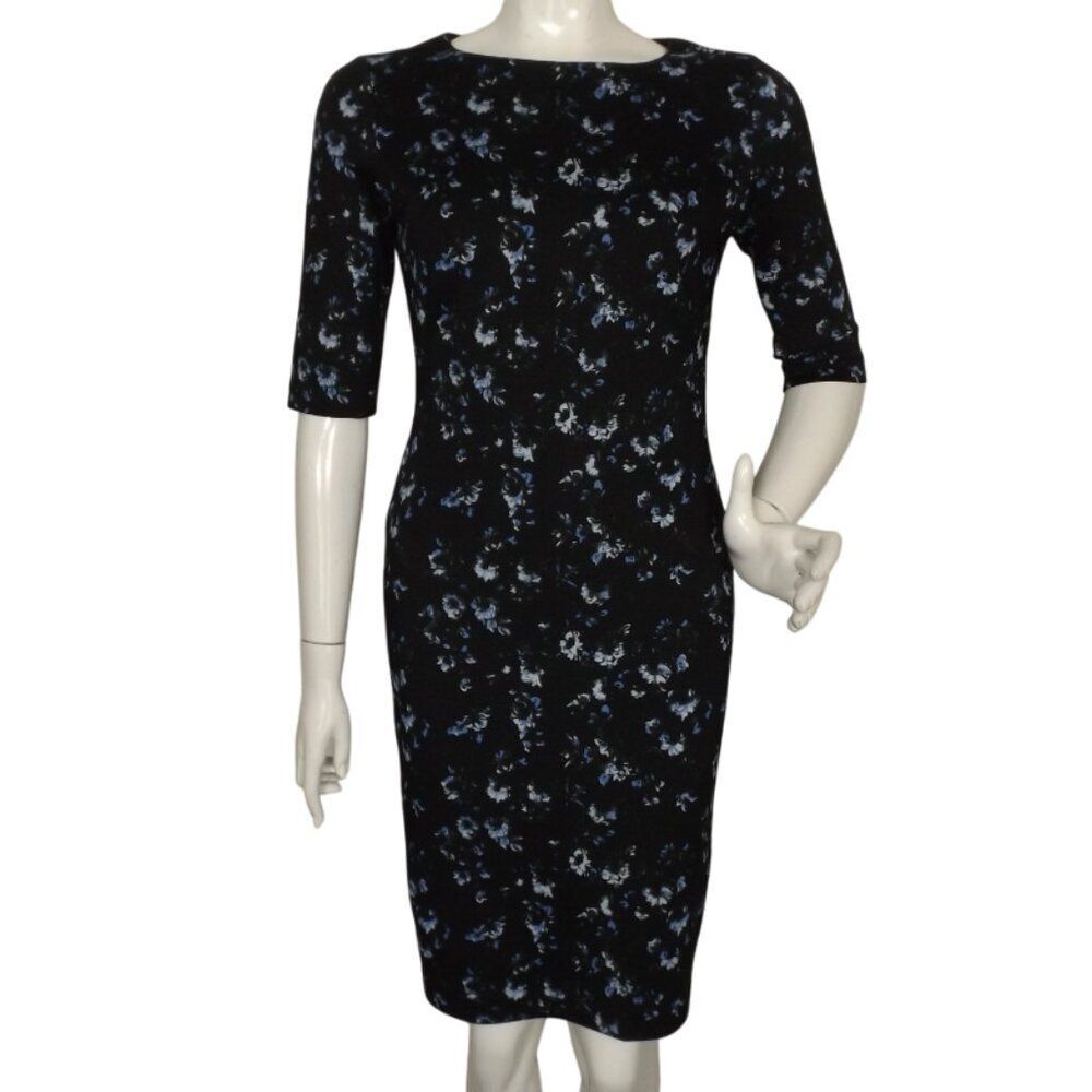 CARMEN MARC VALVO Dress, XS, Scuba, Black/Blue Floral, mid-sleeve, knee length